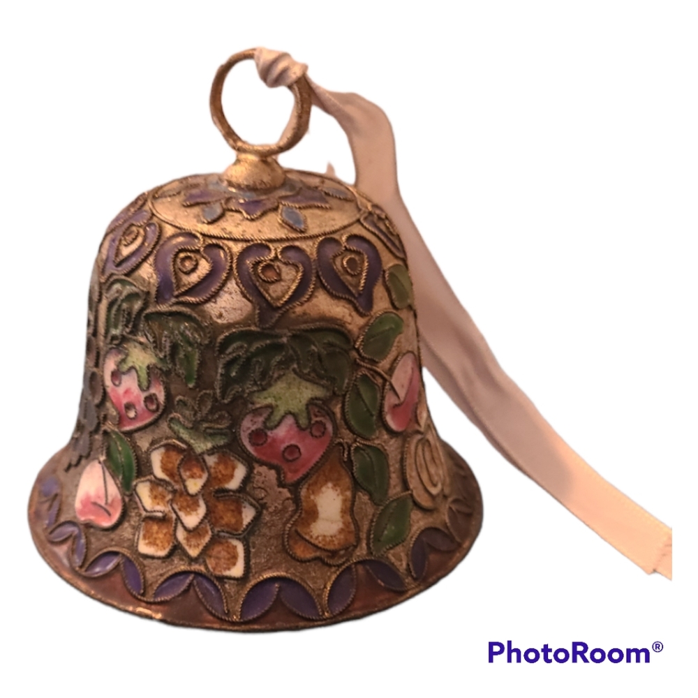 Vintage 3" Brass and Enamel Cloisonné Bell With Fruit